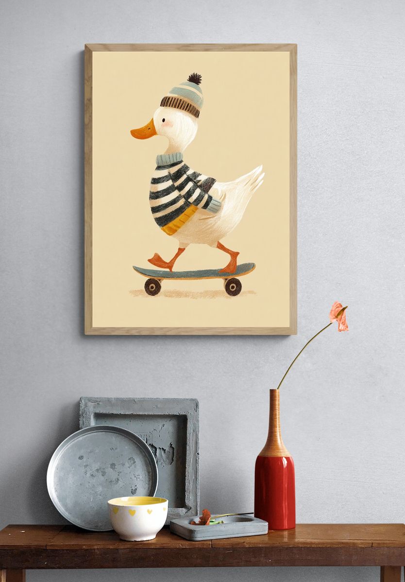 Skateboarding Duck Illustration Poster. — room view 3
