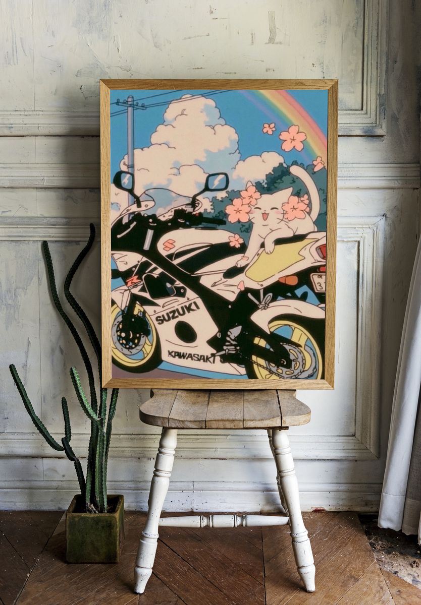 Kawaii Motorcycle Rainbow Poster. room preview