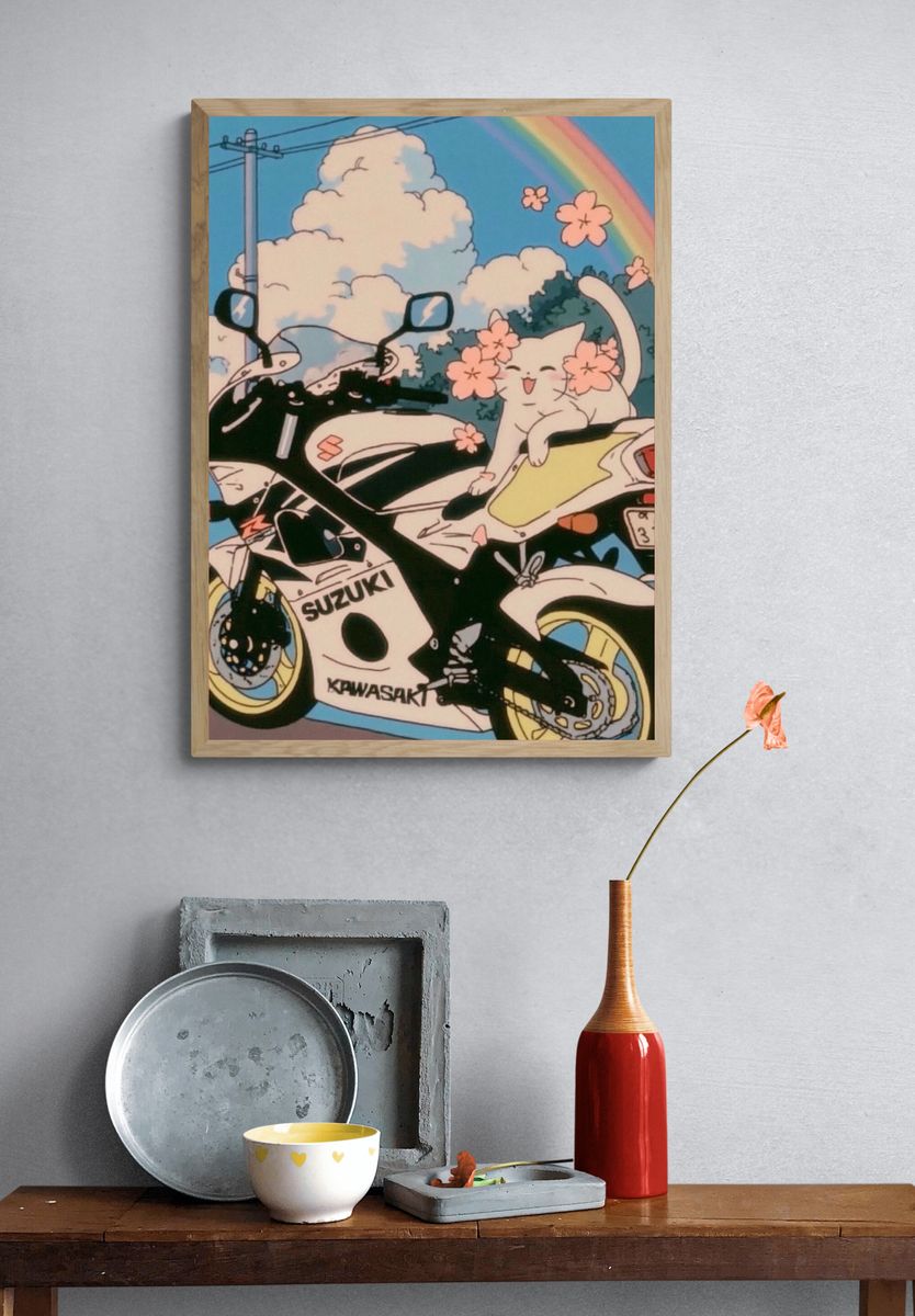 Kawaii Motorcycle Rainbow Poster. — room view 3