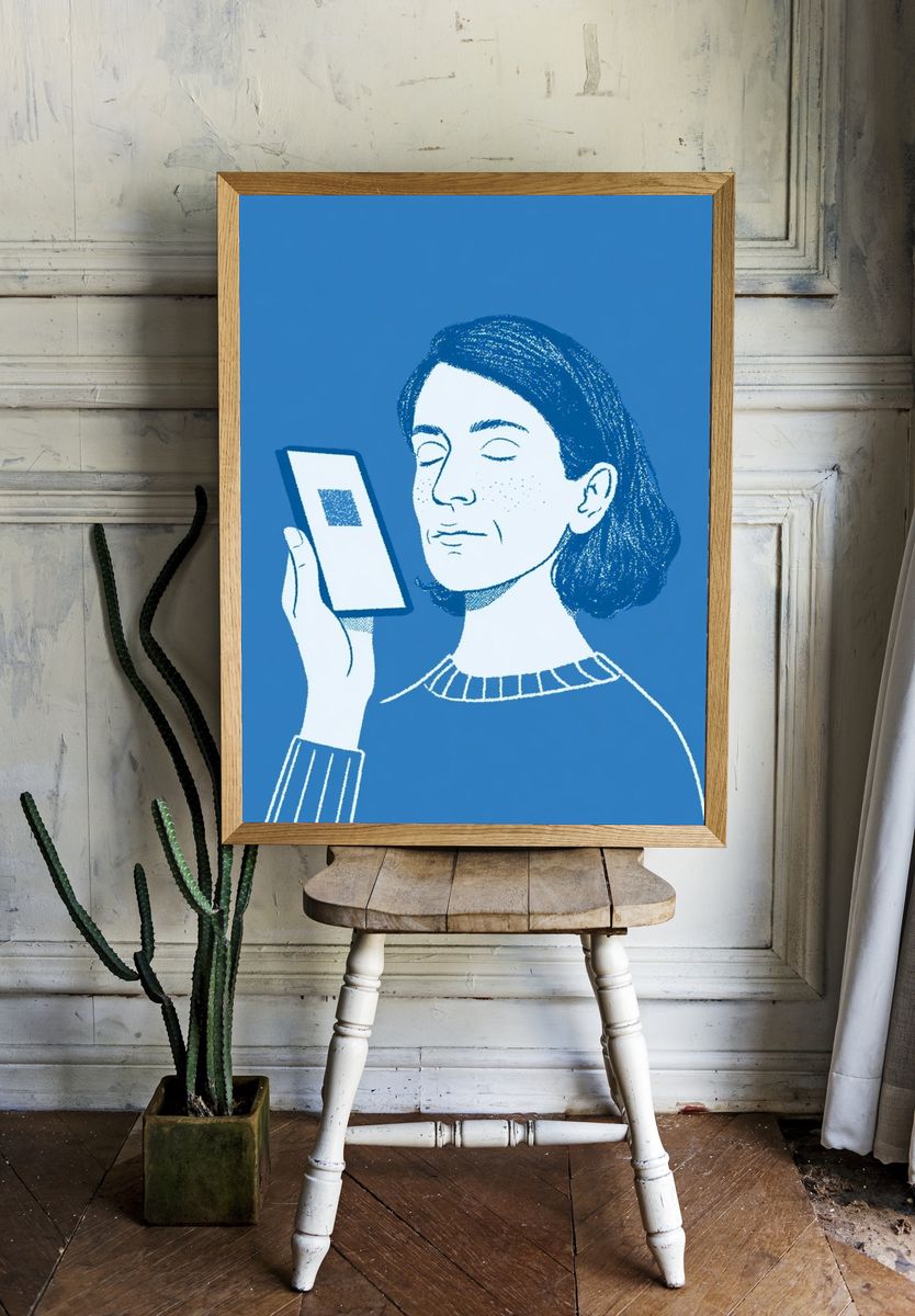 Meditative Woman with Phone Illustration Poster. room preview