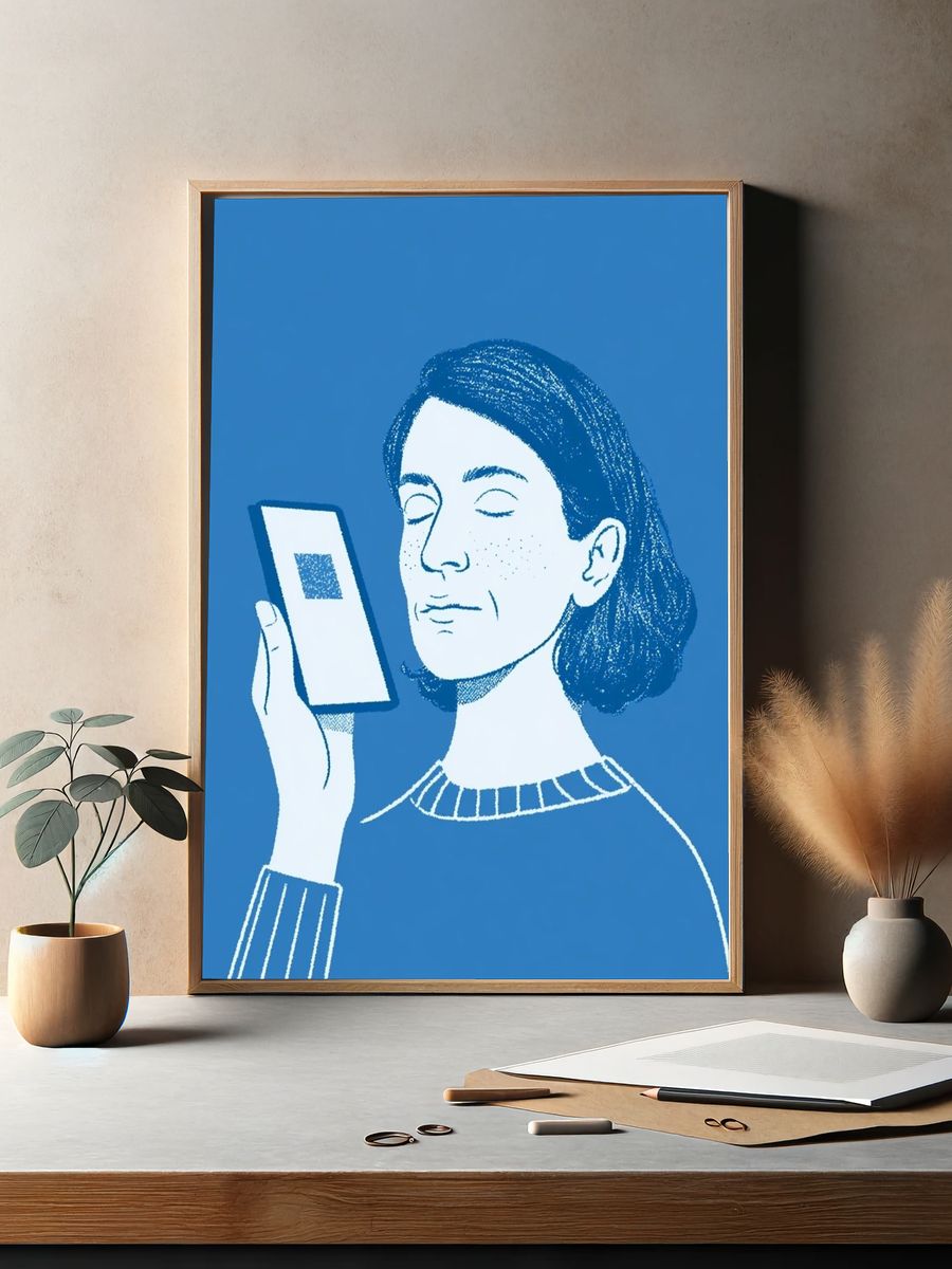 Meditative Woman with Phone Illustration Poster. — room view 2