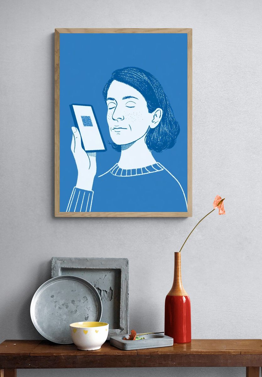 Meditative Woman with Phone Illustration Poster. — room view 3