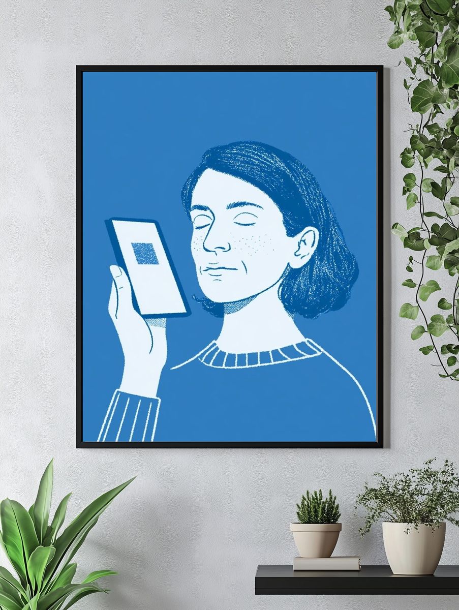 Meditative Woman with Phone Illustration Poster. — room view 4