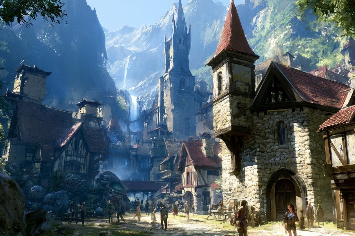 Fantasy Mountain Village Illustration Poster. poster detail
