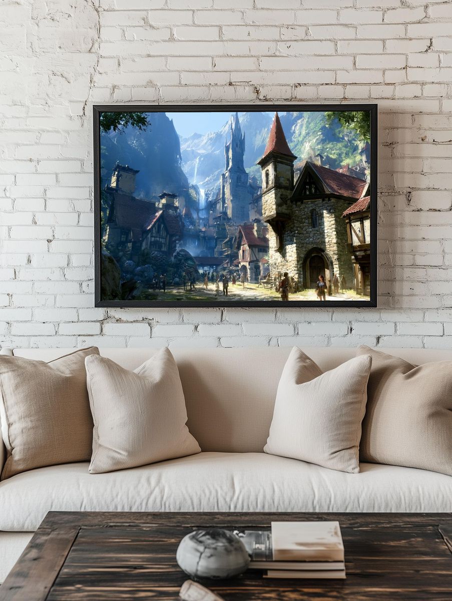 Fantasy Mountain Village Illustration Poster. — room view 1