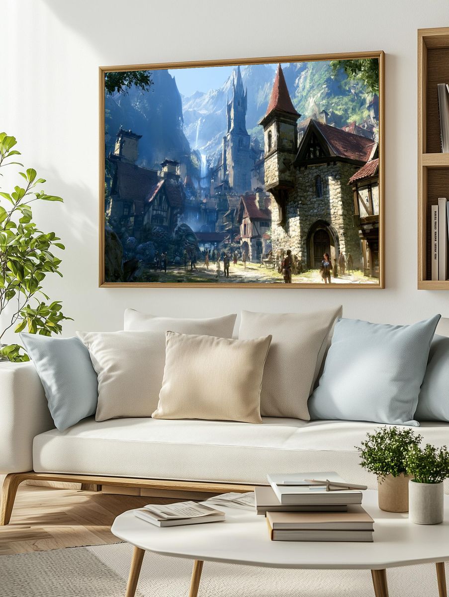 Fantasy Mountain Village Illustration Poster. — room view 2
