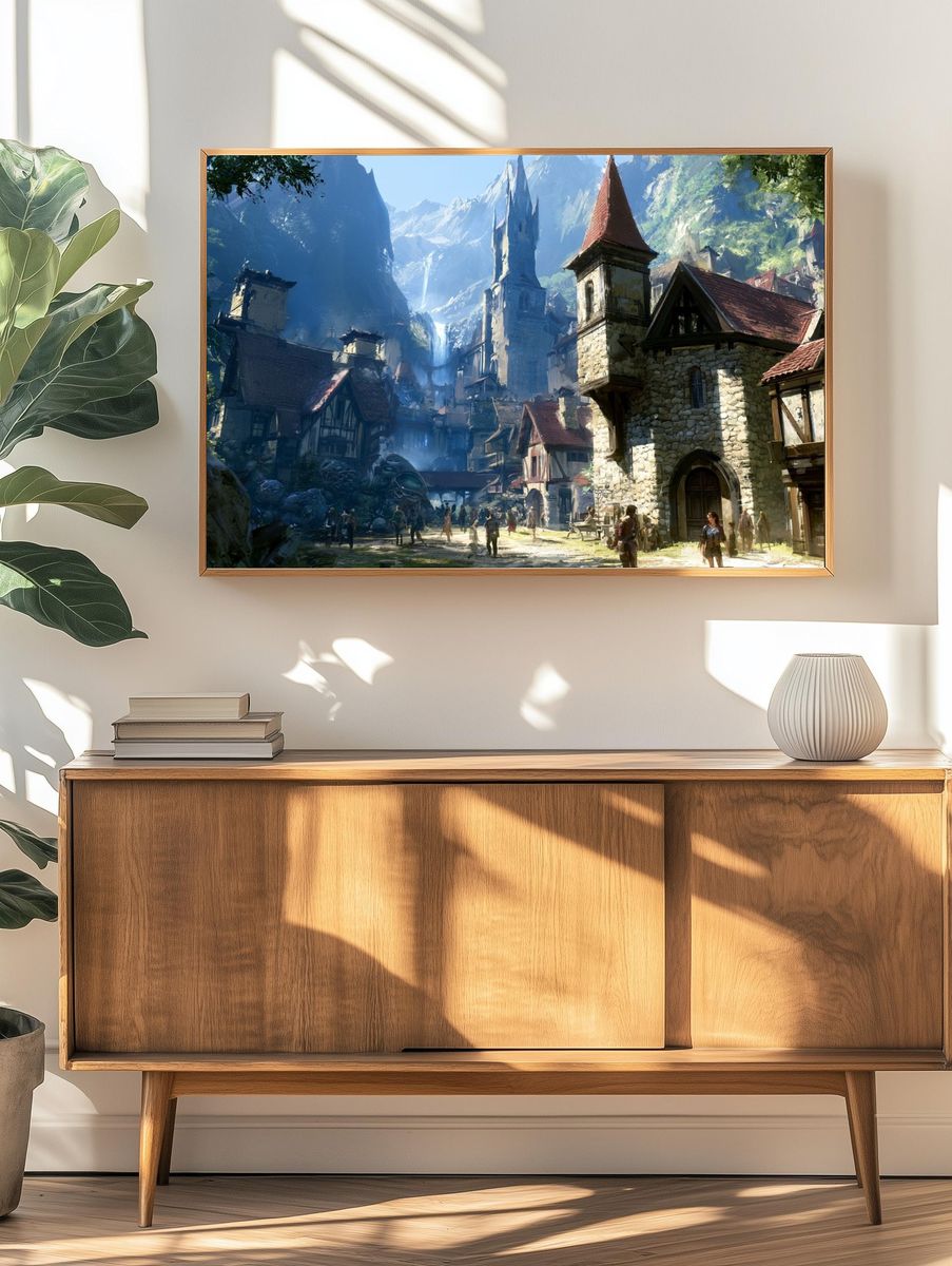 Fantasy Mountain Village Illustration Poster. — room view 3