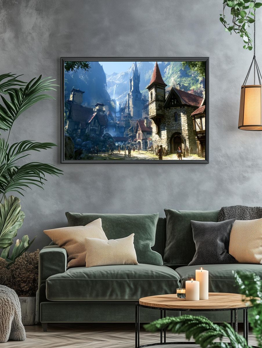 Fantasy Mountain Village Illustration Poster. — room view 4