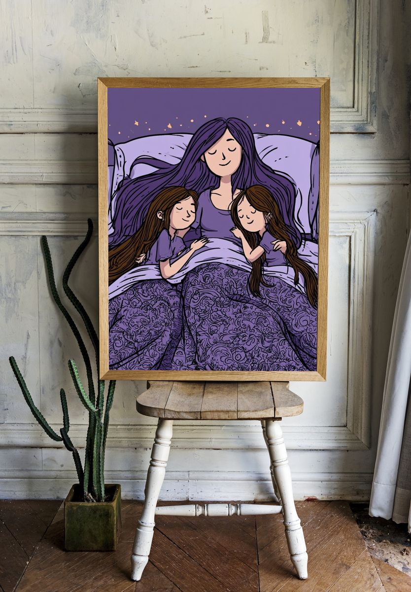 Mother and Daughters Sleepover Illustration Poster. room preview