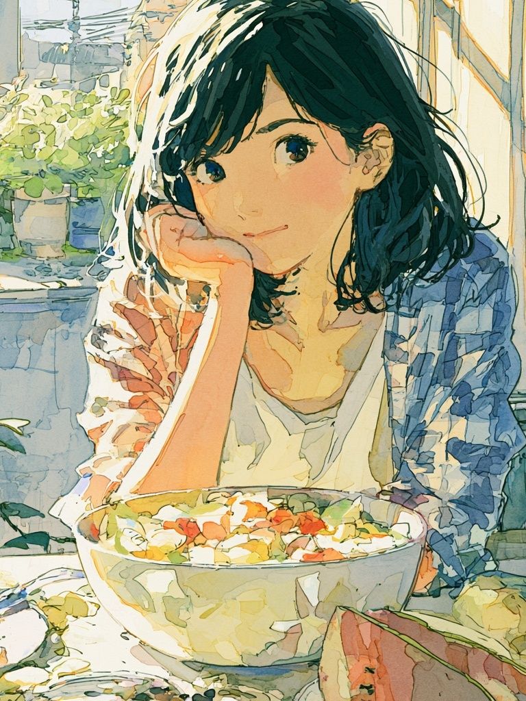 Girl with Fruit Bowl Watercolor Print. poster — illustration art