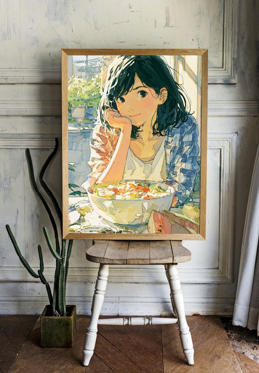 Girl with Fruit Bowl Watercolor Print. — room view 1