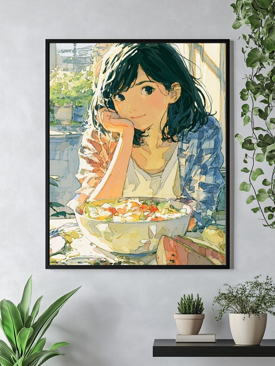Girl with Fruit Bowl Watercolor Print. — room view 4