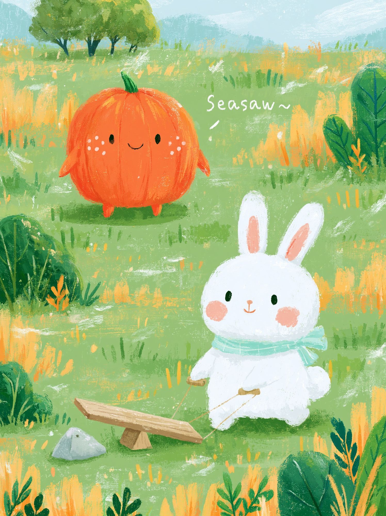 Cute Bunny and Pumpkin Illustration Poster. poster detail