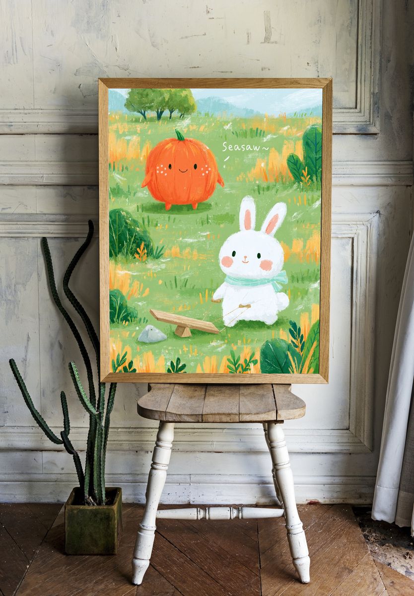 Cute Bunny and Pumpkin Illustration Poster. — room view 1