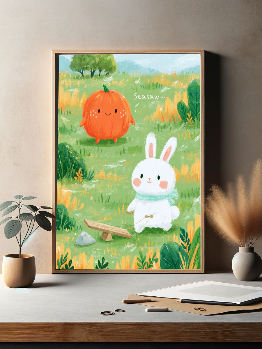 Cute Bunny and Pumpkin Illustration Poster. — room view 2