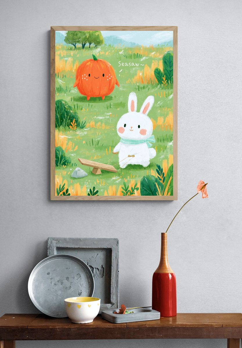 Cute Bunny and Pumpkin Illustration Poster. — room view 3