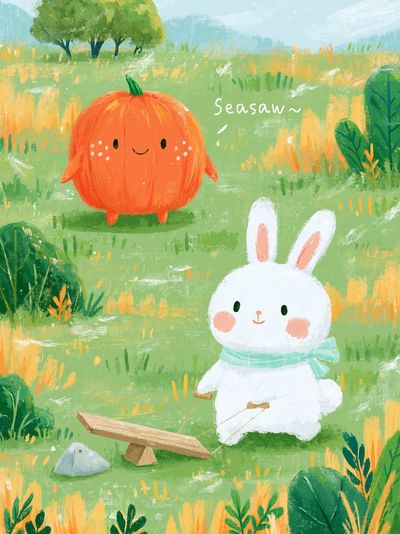 Cute Bunny and Pumpkin Illustration Poster.