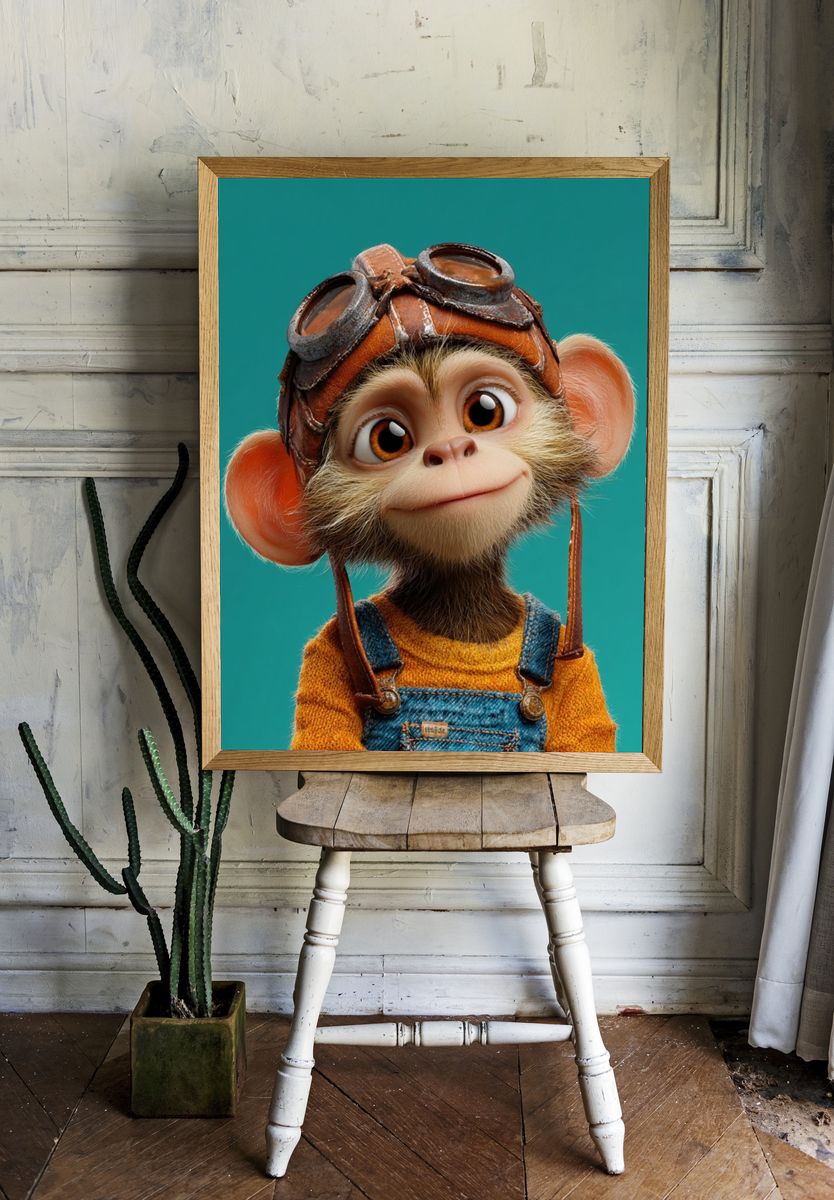 Cute Aviator Monkey Illustration Poster. room preview