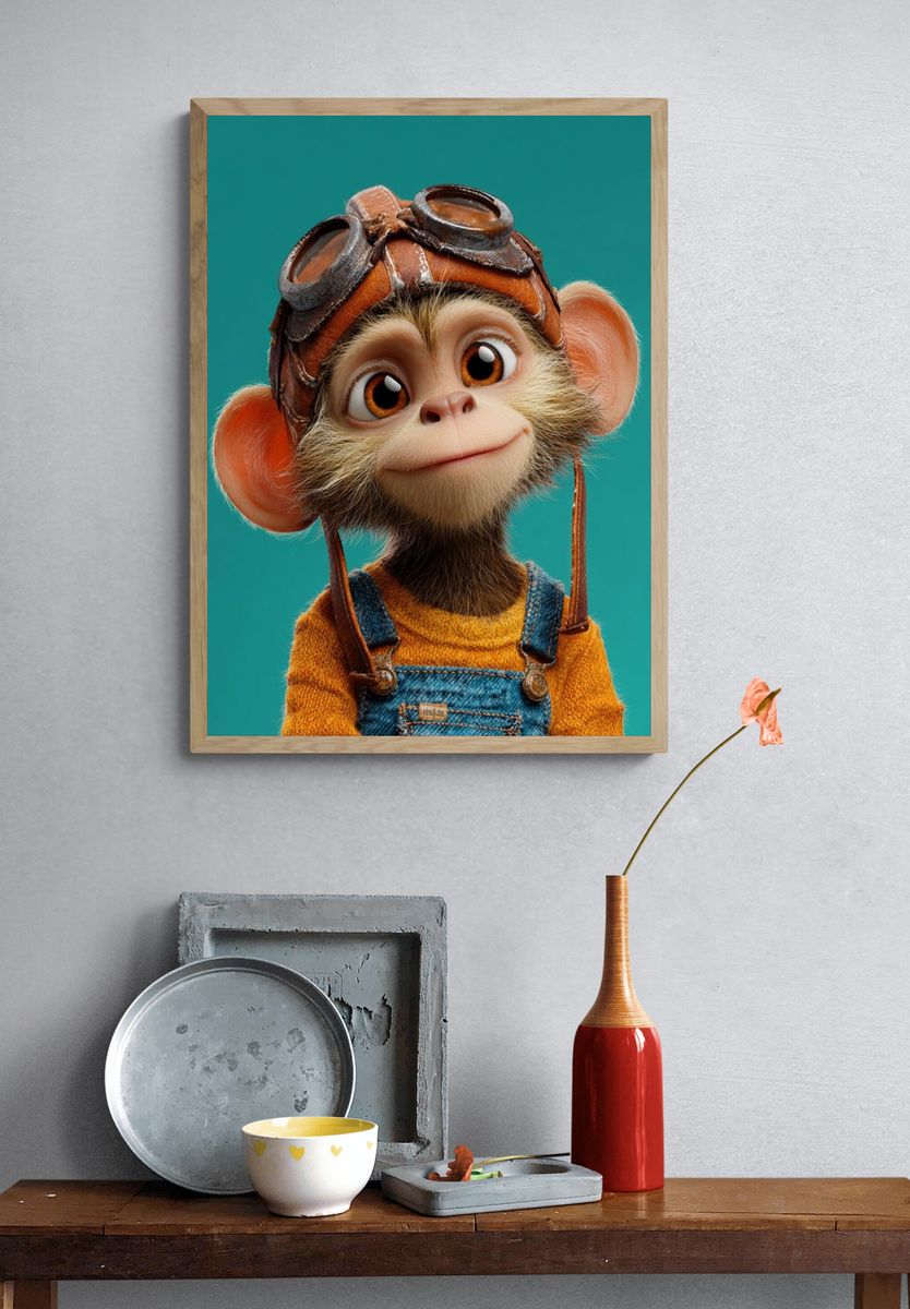 Cute Aviator Monkey Illustration Poster. — room view 3