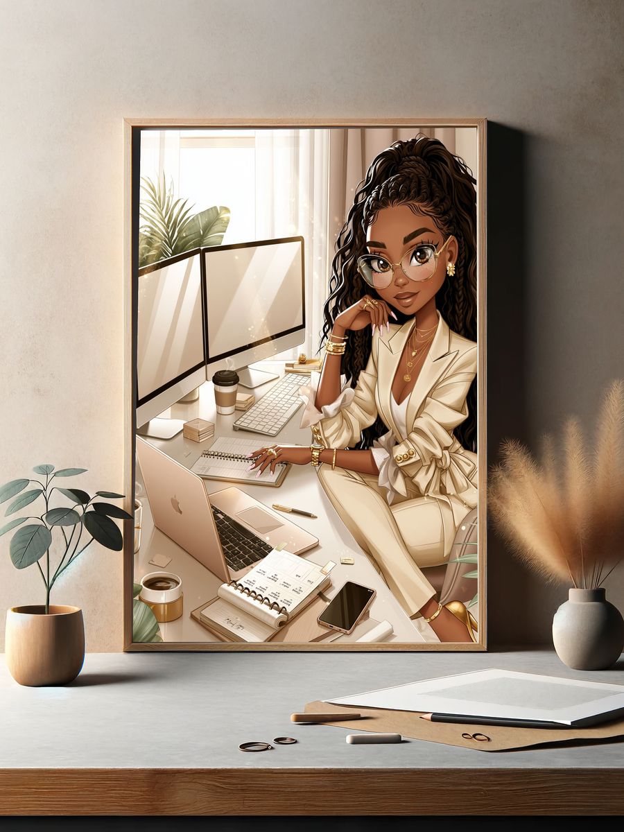 Elegant Home Office Woman Illustration Poster. — room view 2