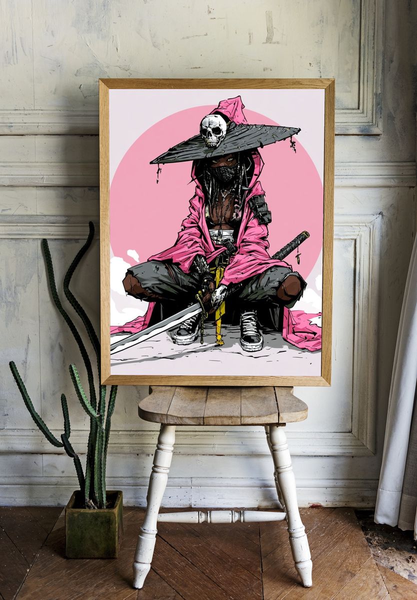 Pink Samurai Warrior Illustration Poster. room preview