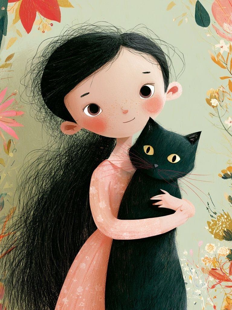 Girl with Black Cat Illustration Poster. poster — illustration art