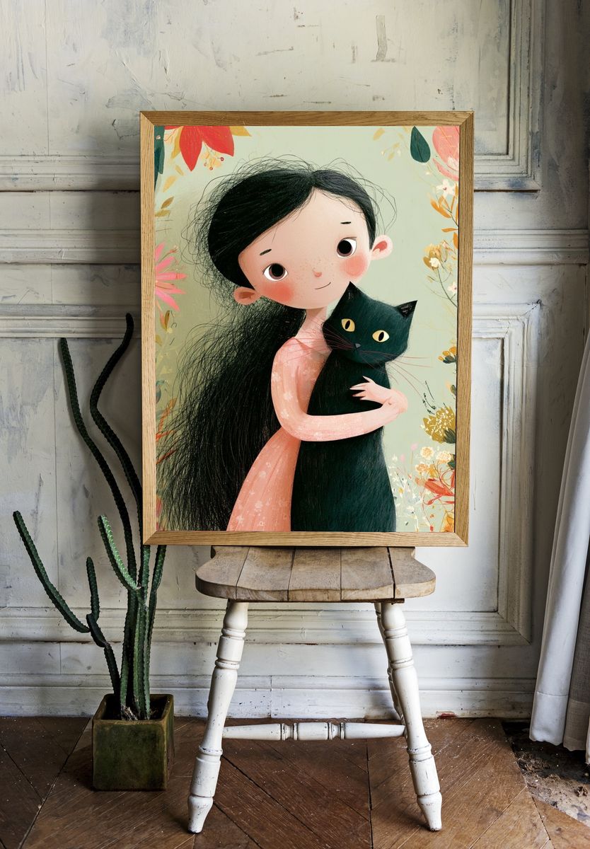 Girl with Black Cat Illustration Poster. room preview