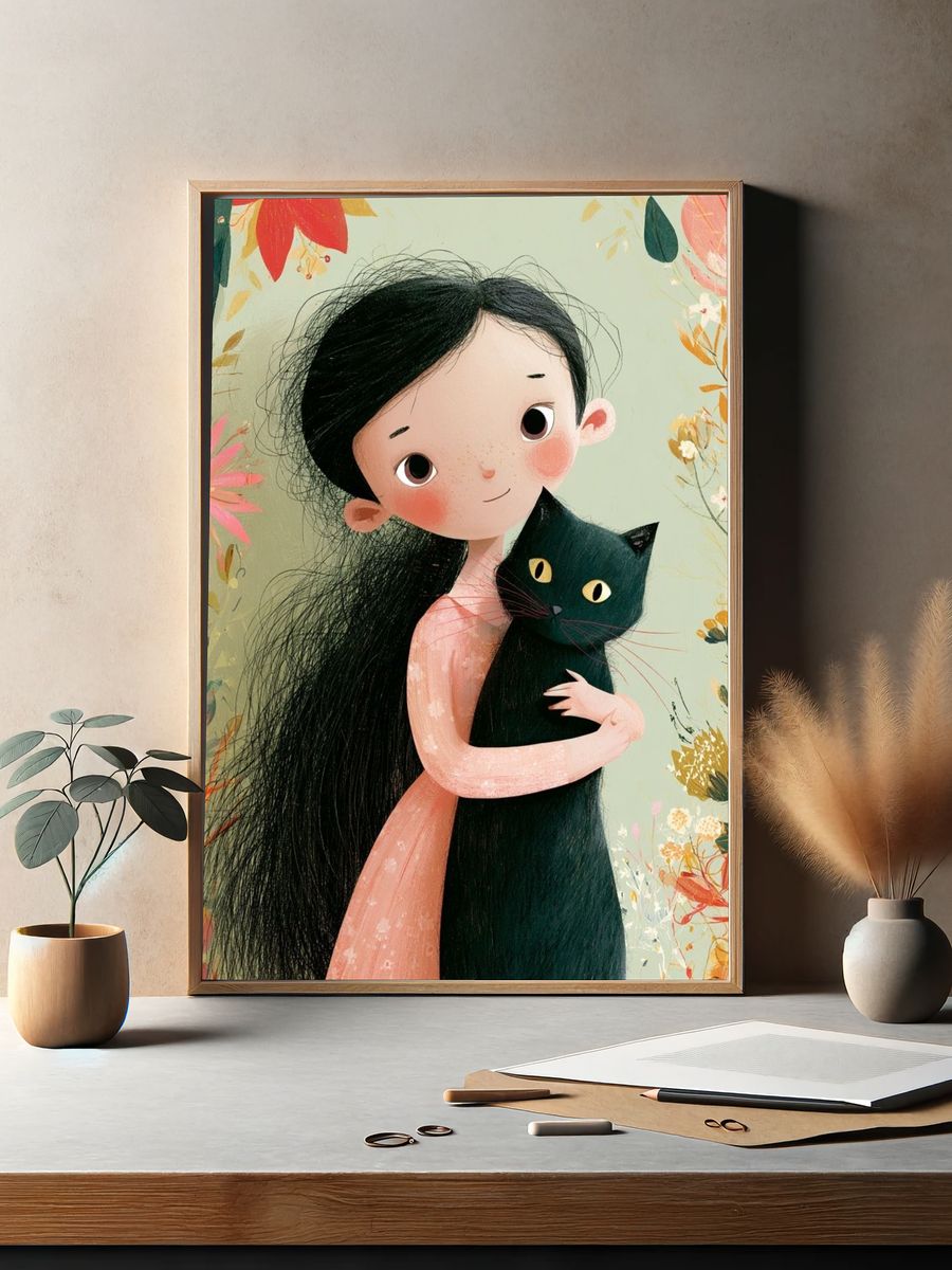 Girl with Black Cat Illustration Poster. — room view 2