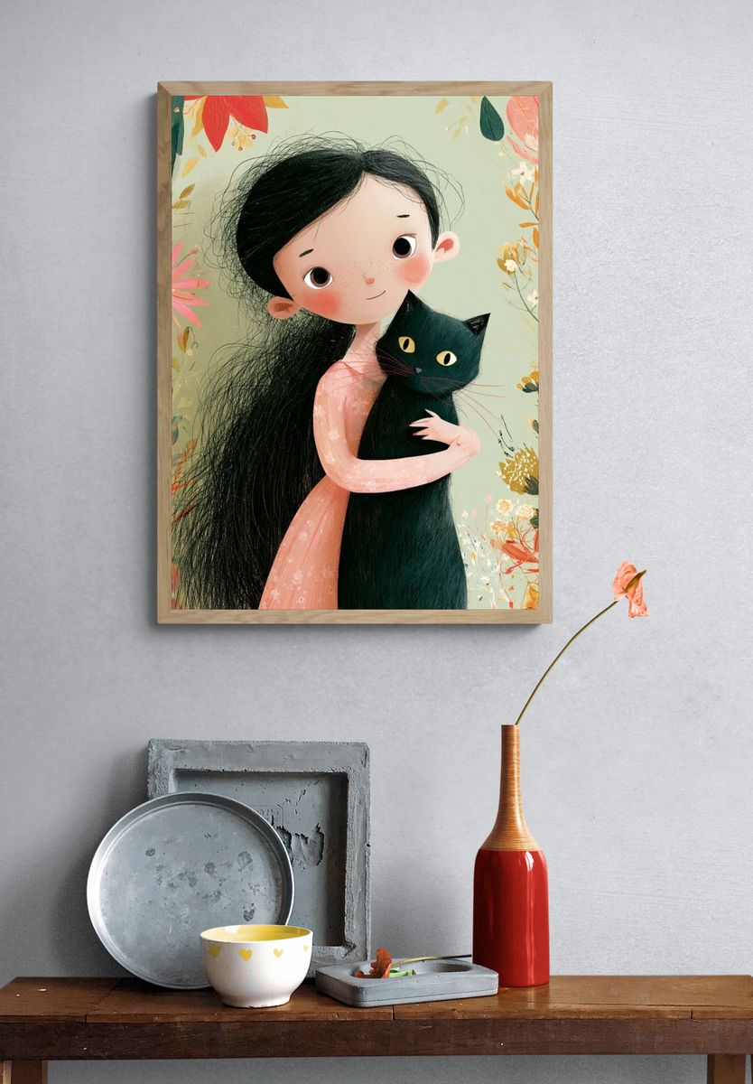 Girl with Black Cat Illustration Poster. — room view 3