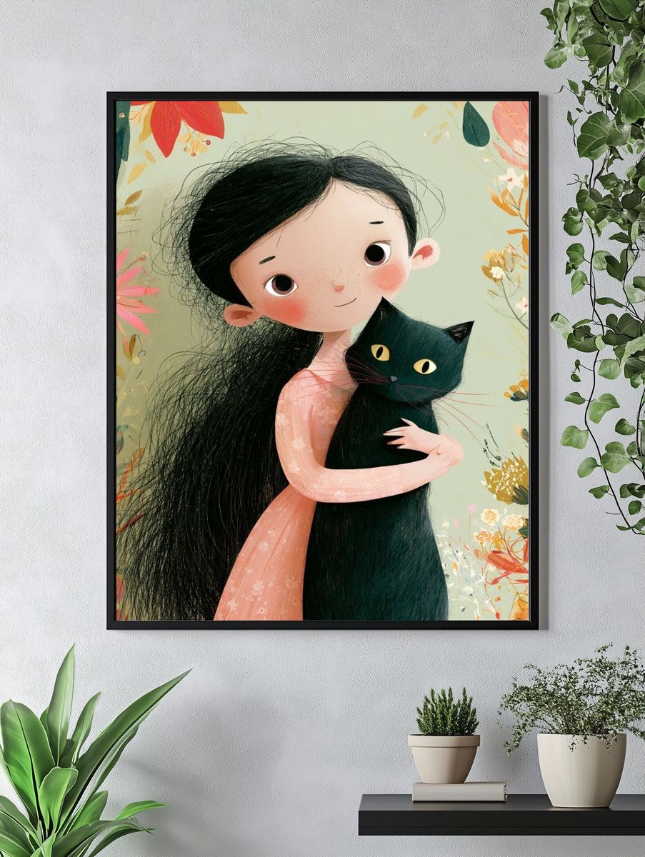 Girl with Black Cat Illustration Poster. — room view 4