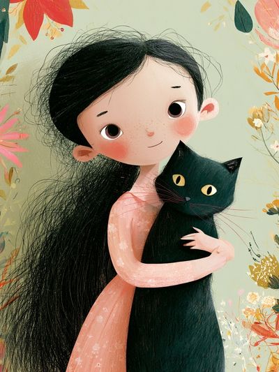 Girl with Black Cat Illustration Poster. poster