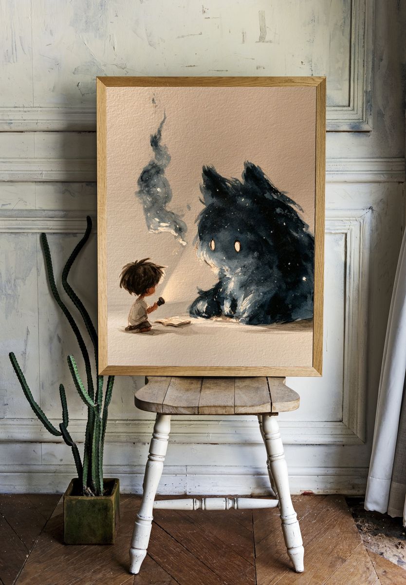 Boy and Spirit Creature Watercolor Print. room preview