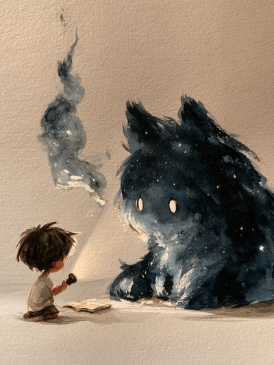 Boy and Spirit Creature Watercolor Print.