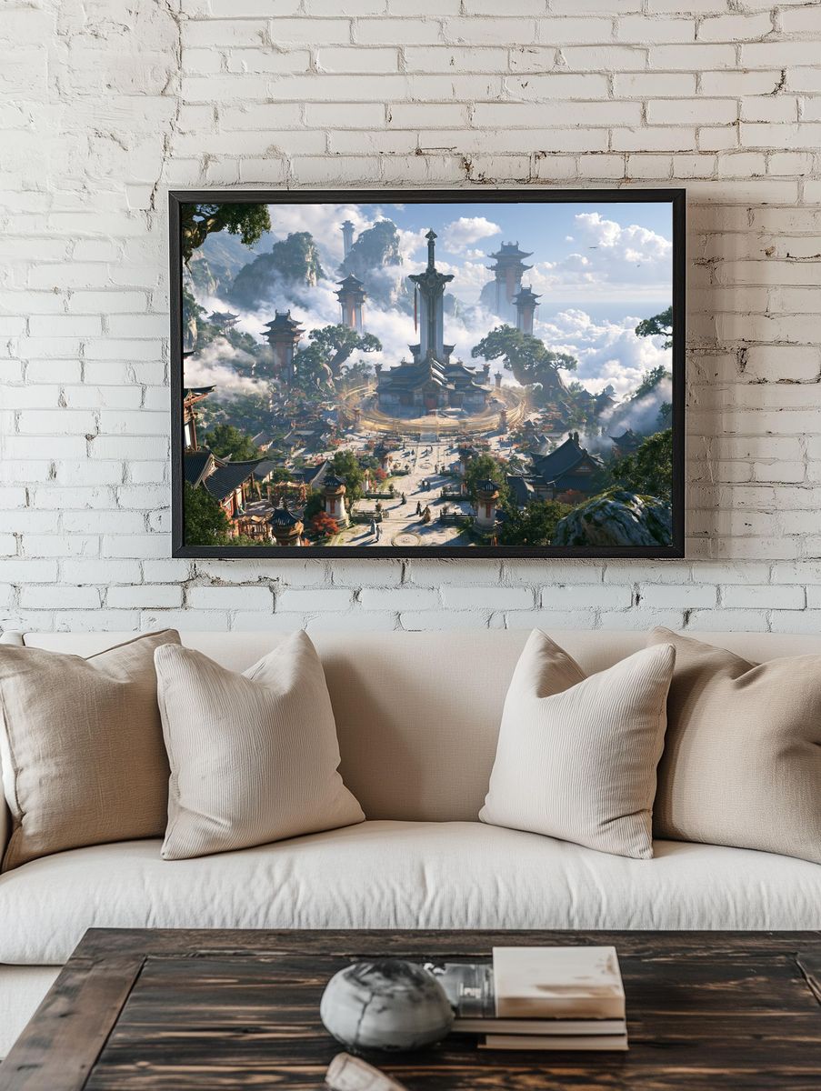 Celestial Mountain Temple Landscape Print. room preview