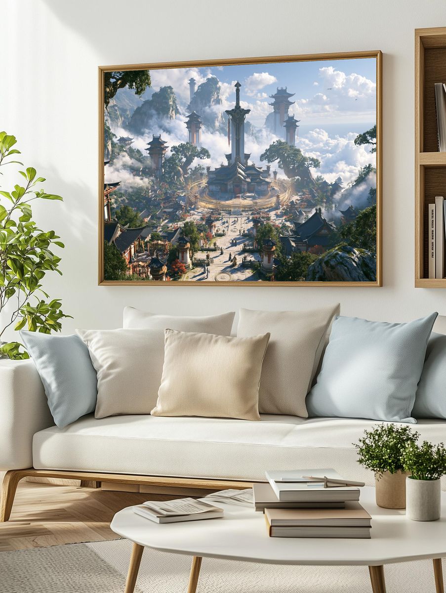 Celestial Mountain Temple Landscape Print. — room view 2