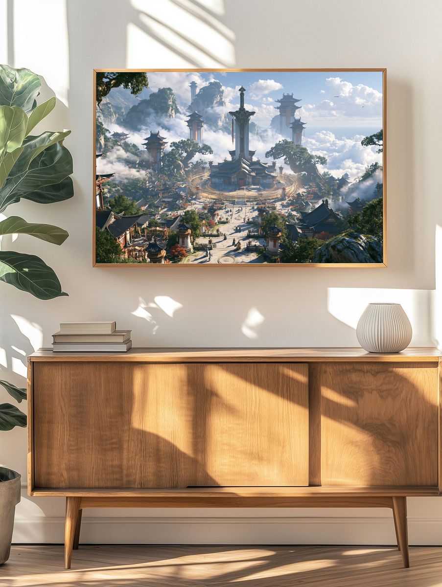 Celestial Mountain Temple Landscape Print. — room view 3