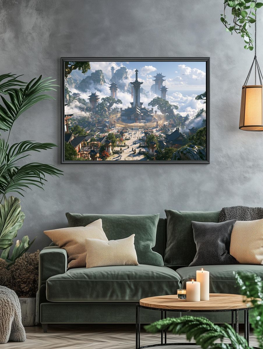 Celestial Mountain Temple Landscape Print. — room view 4