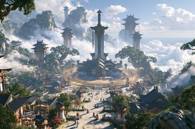 Celestial Mountain Temple Landscape Print.
