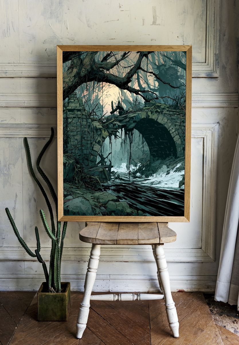 Ruined Forest Bridge Illustration Poster. room preview