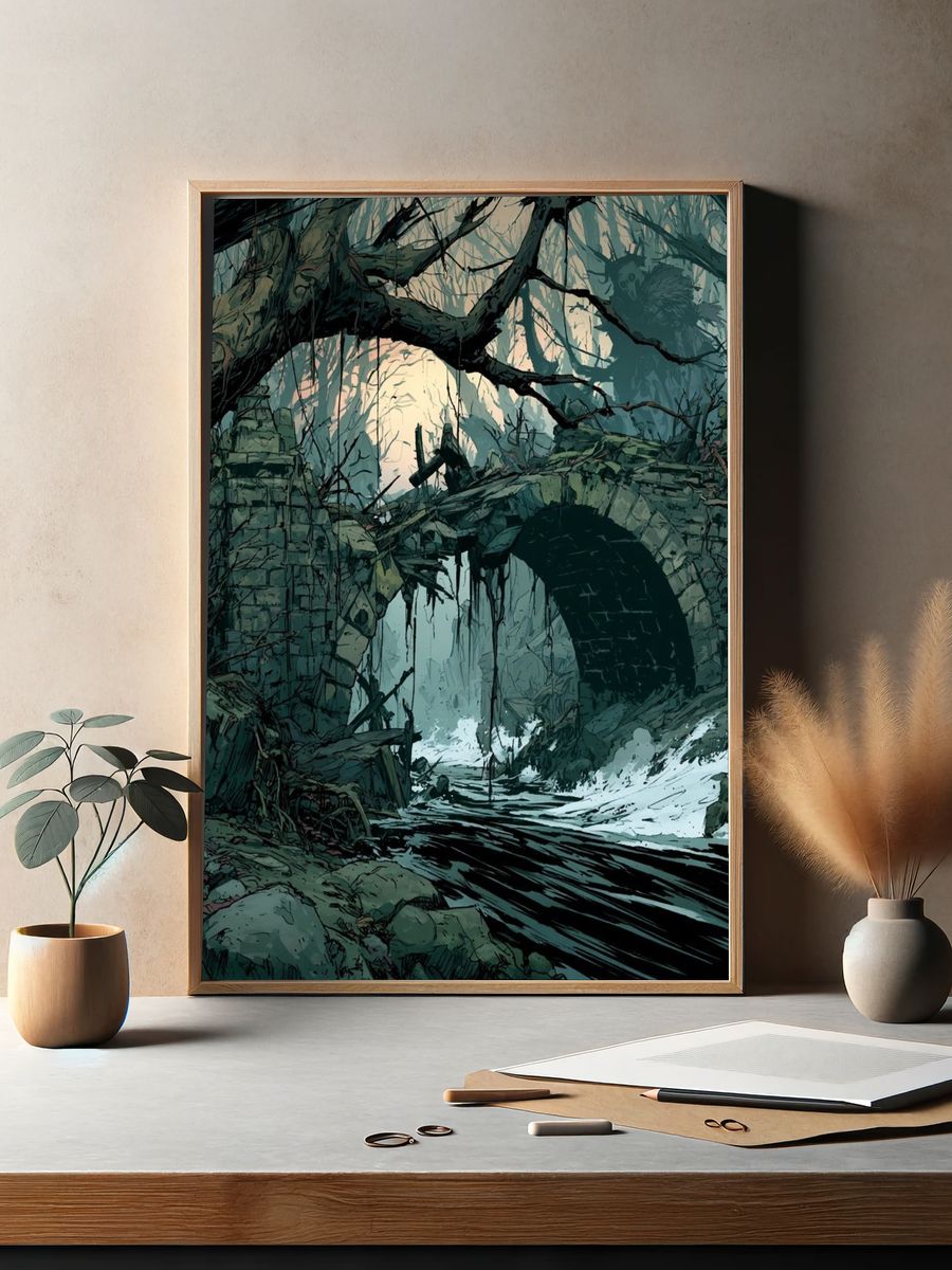 Ruined Forest Bridge Illustration Poster. — room view 2