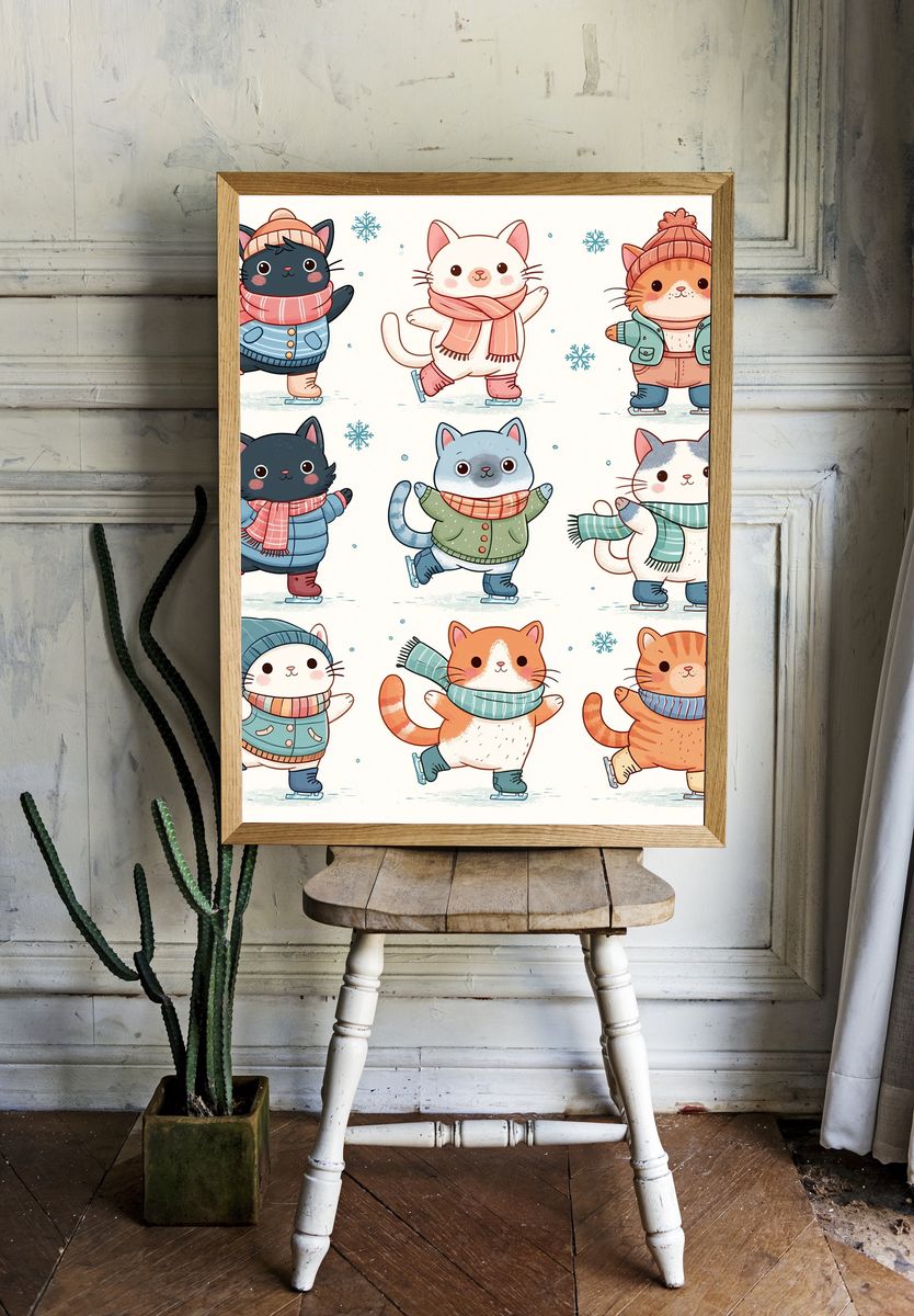 Winter Skating Cats Illustration Poster. — room view 1