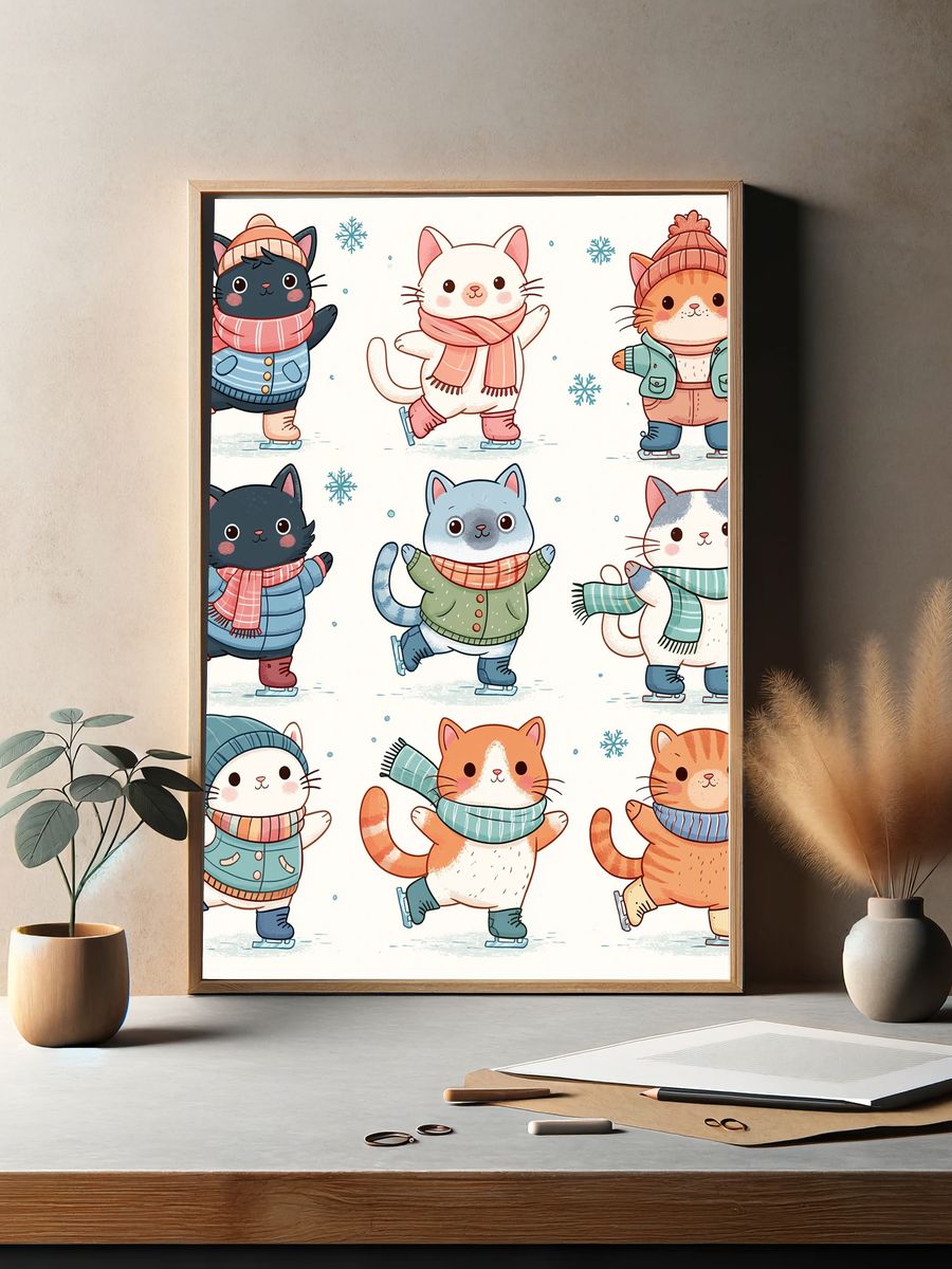 Winter Skating Cats Illustration Poster. — room view 2