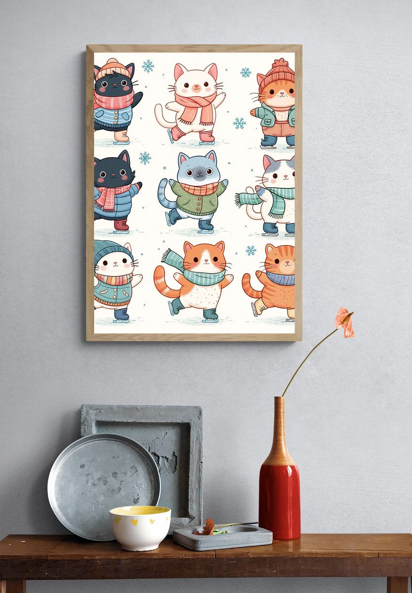 Winter Skating Cats Illustration Poster. — room view 3