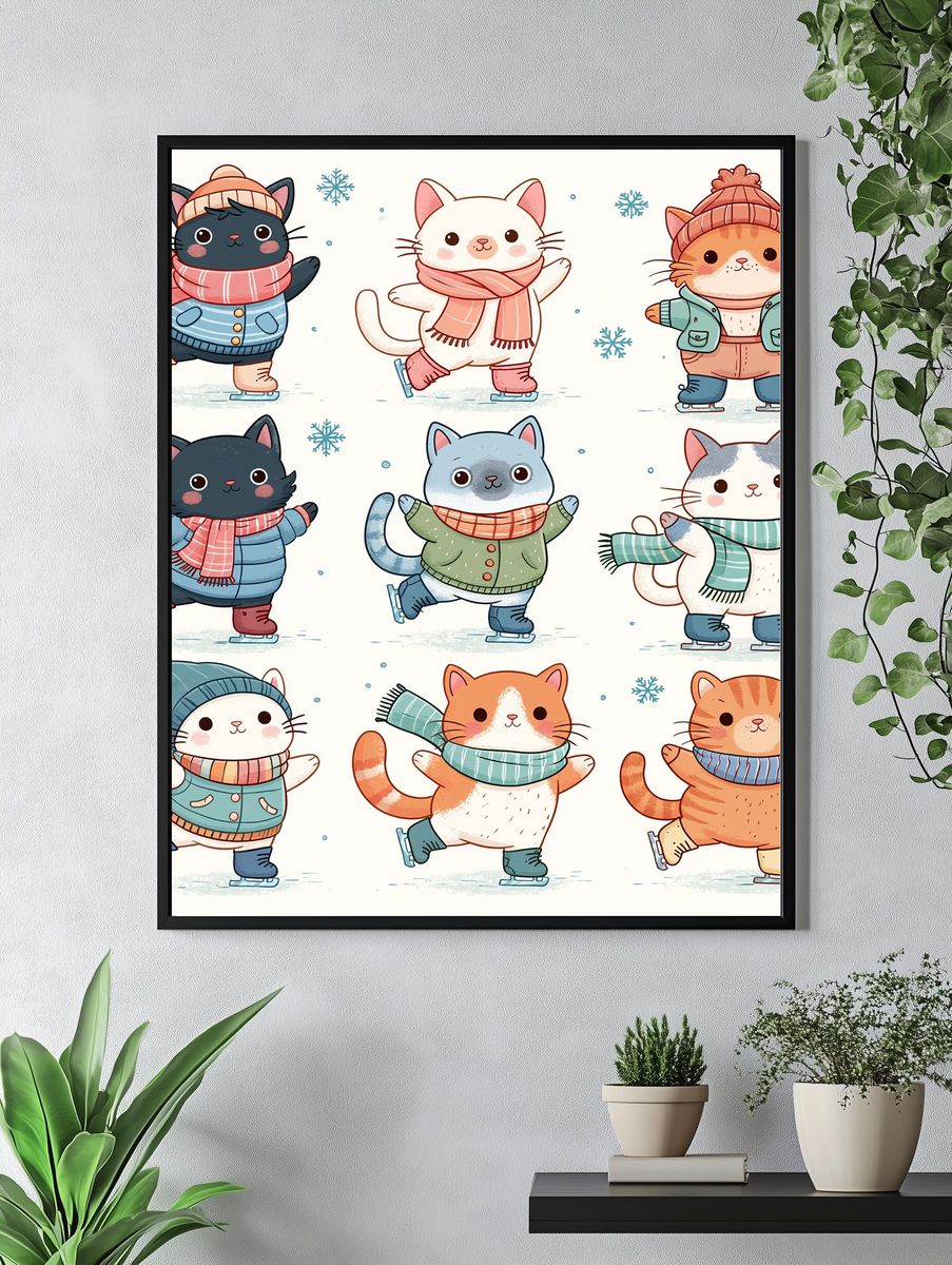 Winter Skating Cats Illustration Poster. — room view 4