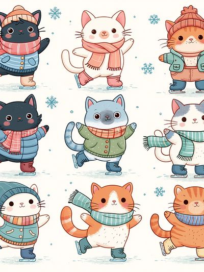 Winter Skating Cats Illustration Poster.
