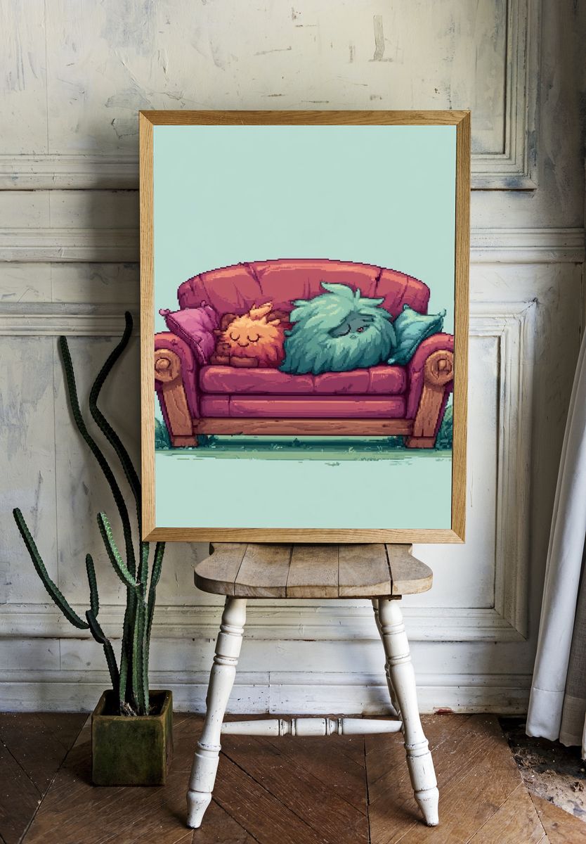 Cozy Couch Cats Illustration Poster. — room view 1