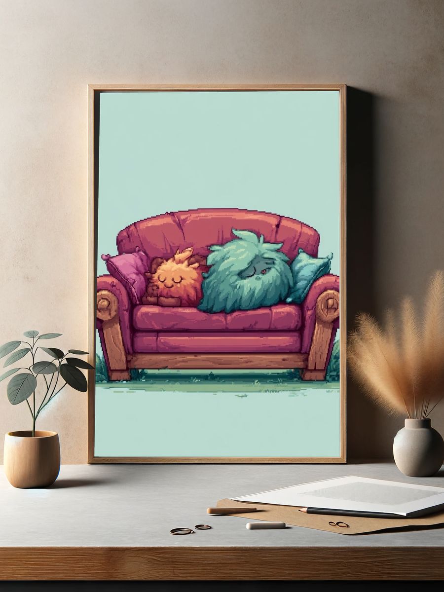 Cozy Couch Cats Illustration Poster. — room view 2