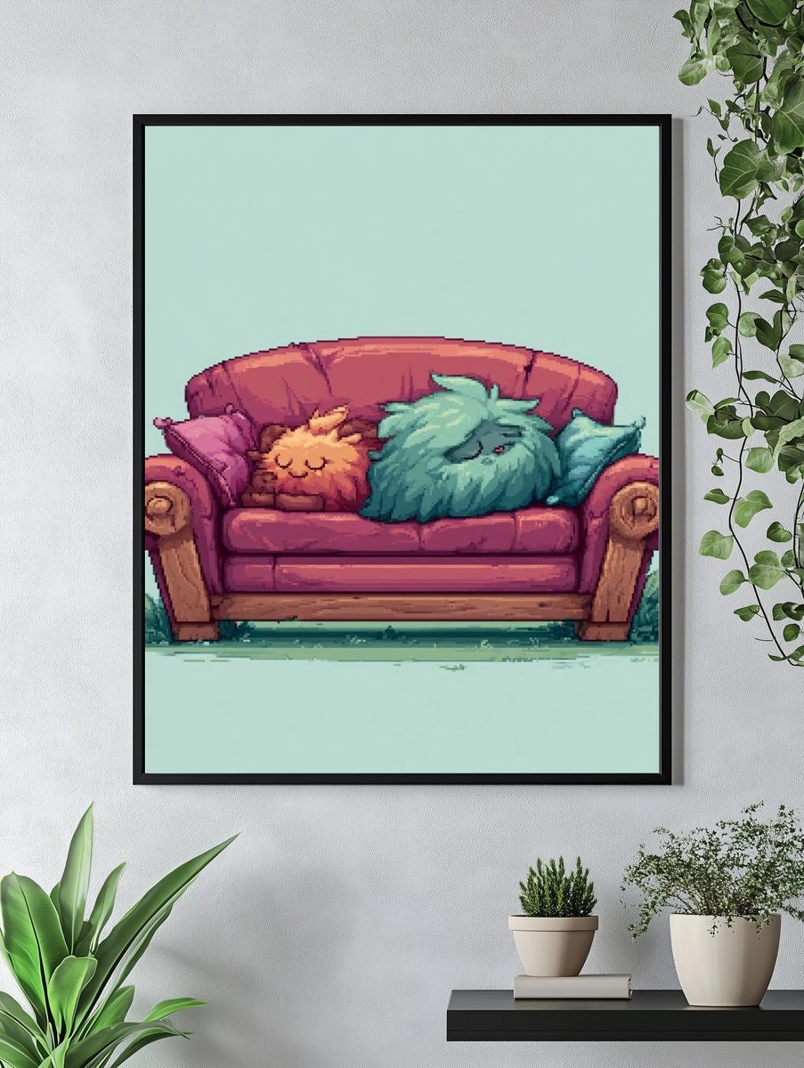 Cozy Couch Cats Illustration Poster. — room view 4