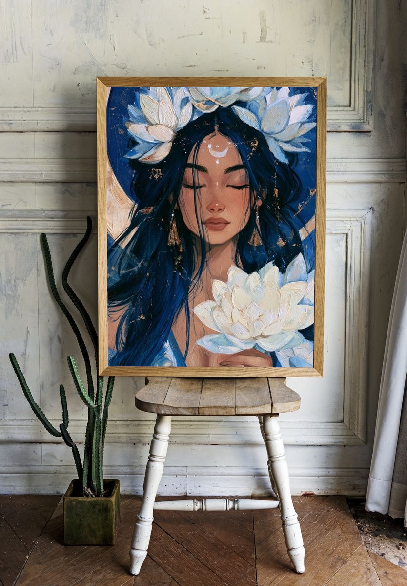 Moonlit Lotus Woman Illustration Poster. room preview