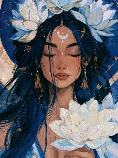 Moonlit Lotus Woman Illustration Poster.